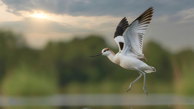 A white avocet bird in flight with wings spread wide outdoors during sunset