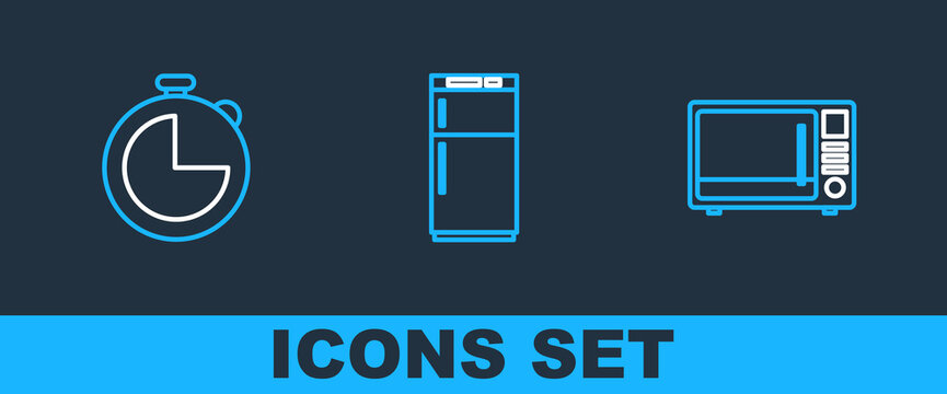 Set line Microwave oven, Kitchen timer and Refrigerator icon. Vector