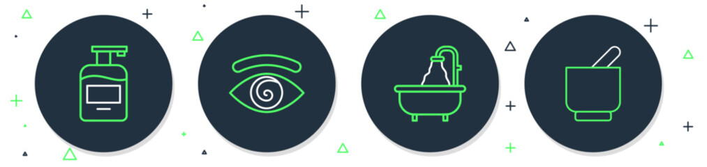 Obraz premium Set line Hypnosis, Bathtub, Bottle of liquid soap and Mortar and pestle icon. Vector