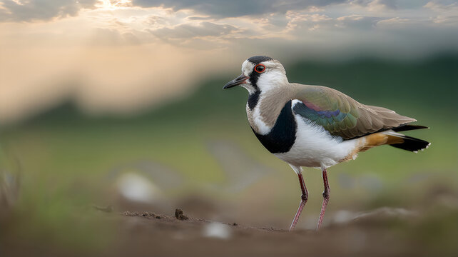 Lapwing bird standing alone in a natural outdoor environment with cloudy sky
