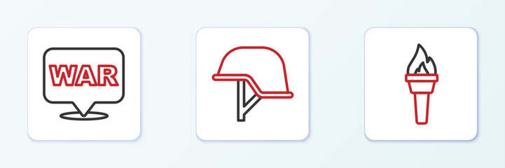 Naklejka premium Set line Torch flame, The word war and Military helmet icon. Vector