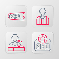 Fototapeta premium Set line Sport mechanical scoreboard, Football player press conference, soccer referee and Goal football icon. Vector
