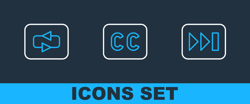 Set line Fast forward, Repeat button and Subtitles icon. Vector