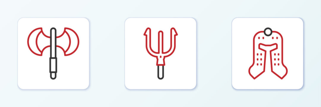 Set line Medieval helmet, poleaxe and Neptune Trident icon. Vector