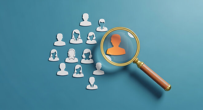 Human resources and talent acquisition concept with magnifying glass over orange icon