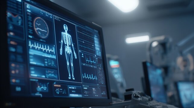 A modern digital display screen features a high-tech control panel for a laboratory computer network showing binary code data and financial market charts designed with glowing blue light