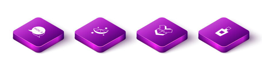 Set Isometric Hola, Sliced lime, Poncho and Tequila bottle icon. Vector © vector_v