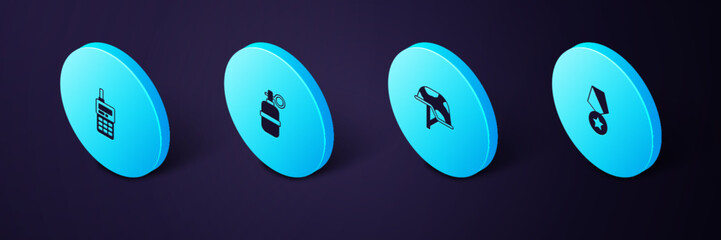 Naklejka premium Set Isometric Military reward medal, helmet, Hand grenade and Walkie talkie icon. Vector