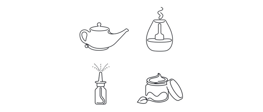 Sinus relief vector icon set with editable stroke featuring a neti pot, humidifier machine, saline nasal mist spray, and menthol rub jar, perfect collection of 4 icons for medical wellness designs.