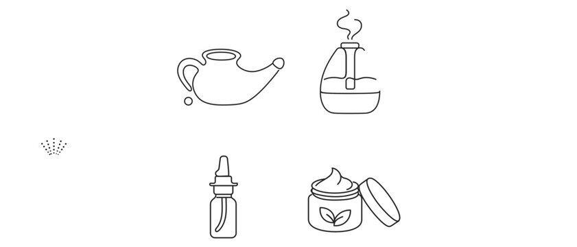 Medical sinus care collection of 4 icons with editable stroke including neti pot, room humidifier, saline spray, and menthol balm, professional vector icon set for healthcare and wellness app.