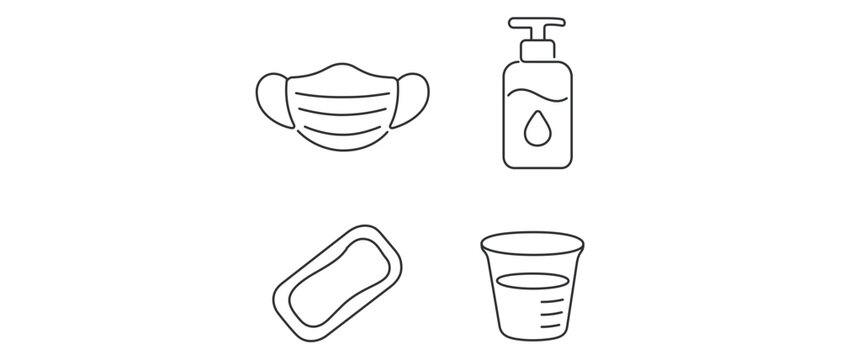 Influenza symptom management vector icon set featuring face mask, hand sanitizer, fever cooling patch and medicine cup in a collection of 4 icons with editable stroke for healthcare design projects.