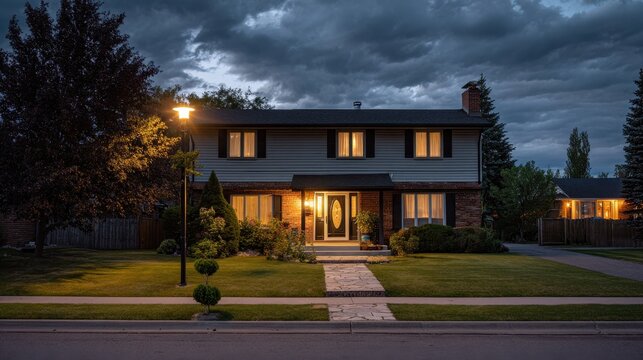 Two story suburban house exterior at dusk with warm lights glowing from windows and front door under a dramatic dark cloudy sky and a street lamp illuminating the front lawn