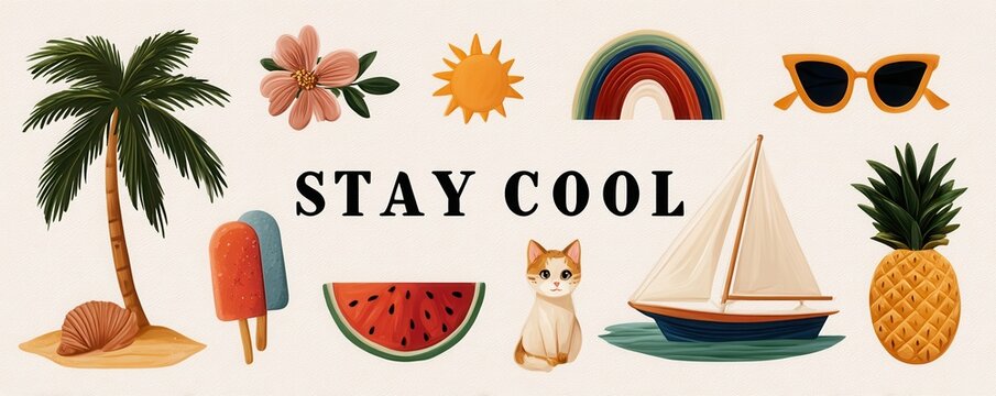 Stay cool sticker sheet with summer icons, palm tree, sailboat, watermelon and pineapple