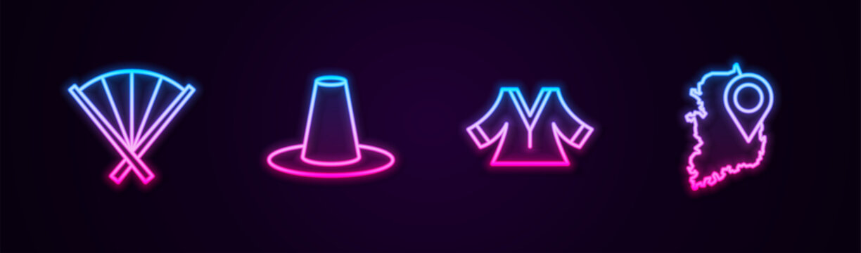 Set line Traditional fan, Korean hat, Kimono and South map. Glowing neon icon. Vector