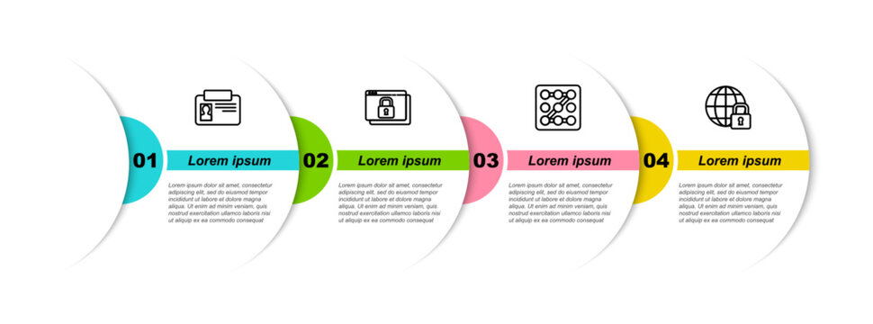 Set line Identification badge, Secure your site with HTTPS, SSL, Graphic password protection and Global lockdown. Business infographic template. Vector