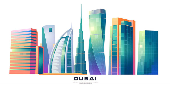FEBRUARY 14, 2020. Cartoon vector illustration Burj Khalifa, Burj al Arab, Cayan Tower buildings, Dubai, UAE world famous architecture, megapolis futuristic skyscraper landmarks, United Arab Emirates