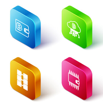 Set Isometric line Cryptocurrency wallet, cloud mining, Mining farm and icon. Vector