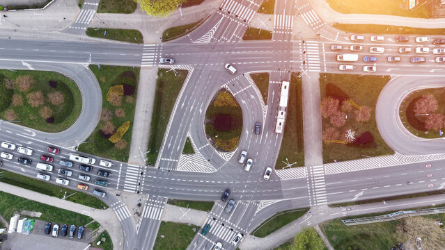 Top view of busy urban streets and crossroads