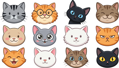 Fototapeta premium Cartoon Cat Faces Set with Various Expressions and Breeds for Pet, Animal, and Illustration Designs