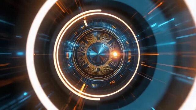 Futuristic Clock Face Inside Glowing Blue White Concentric Light Rings With Motion Blur Tunnel Effect In Digital Space