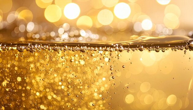 Close-up of golden liquid with sparkling bubbles and bokeh background　輝く気泡とボケ背景が美しい黄金色の液体のクローズアップ