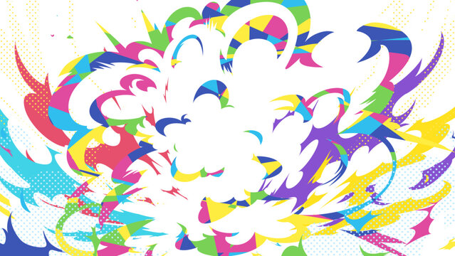 白い背景にカラフルでポップな爆発の背景イラスト素材_16:9