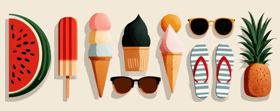 Summer flat design: ice cream, popsicle, watermelon, pineapple, sunglasses and flip-flops illustration