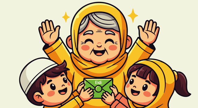 Cheerful elderly woman in a yellow hijab giving a green eidi envelope to a happy young boy and girl during an islamic holiday celebration