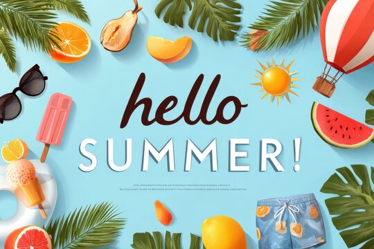 Hello summer: tropical fruits, sunglasses and poolside treats for a bright vacation mood