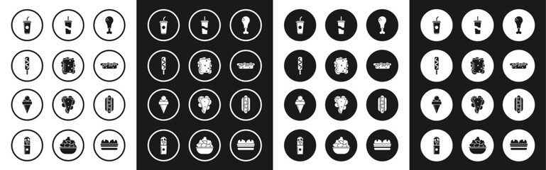Fototapeta premium Set Chicken leg, Sandwich, Ice cream, Paper glass with drinking straw water, Hotdog sandwich mustard, and waffle cone icon. Vector