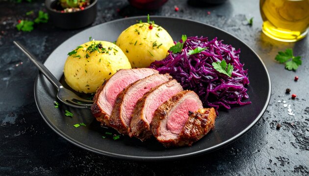 Entenbrust mit Rotkohl und Kartoffelkl&ouml;&szlig;en