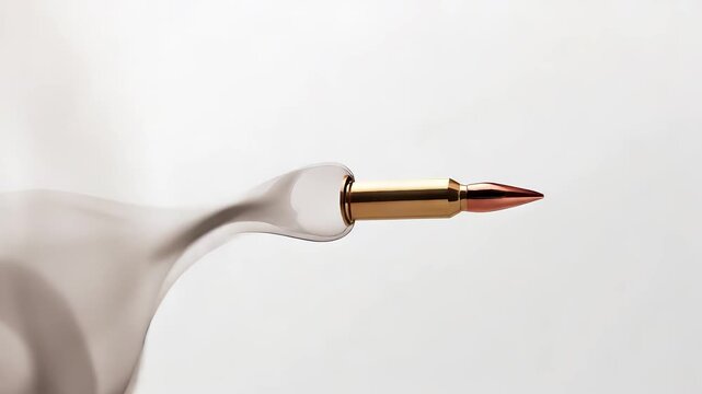 White Sculpted Hand Holding Golden Bullet With Red Tip Pointing Right On Plain White Background