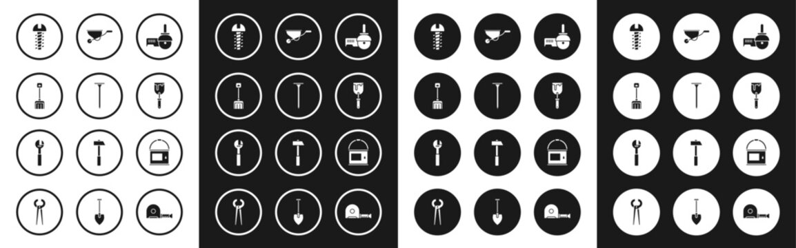 Set Angle grinder, Metallic nail, Snow shovel, screw, Putty knife, Wheelbarrow, Paint bucket and Adjustable wrench icon. Vector
