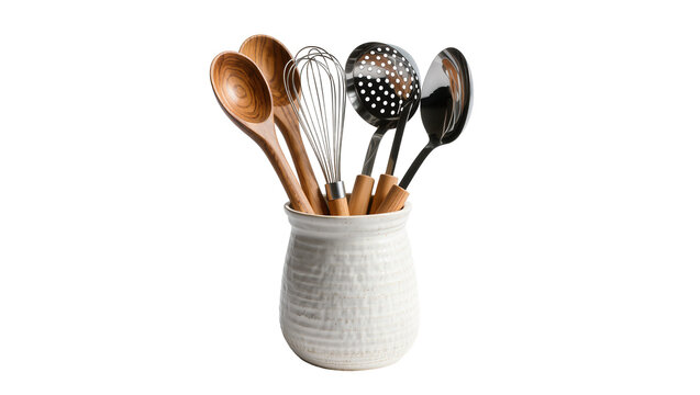 Wooden spoons and metal utensils in a textured ceramic crock, isolated on transparent background