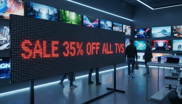 Bright red LED display announces discount across all TVs. Shoppers browse displays in modern, sleek electronics store. Darkened store contrasts with vibrant digital signs and glowing screens