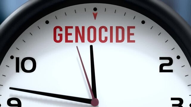 Genocide that is going to happen soon. Upcoming genocide, approaching in the near future. Genocide almost here, in a short time - a clock symbolizes a reminder that genocide is near.