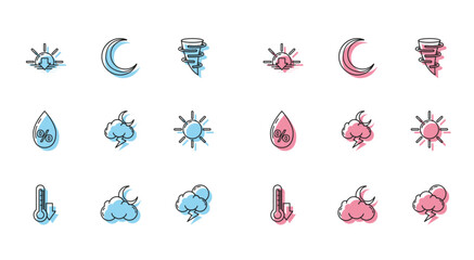 Fototapeta premium Set line Thermometer, Cloud with moon and stars, Sunset, Storm, Water drop percentage and Moon icon. Vector