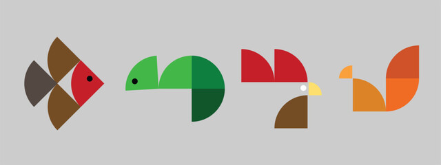 Creative abstract geometric animal illustration featuring a stylized fish, chameleon, rooster, and squirrel designed with colorful flat geometric shapes. Modern minimalist vector-inspired artwork suit © sofian