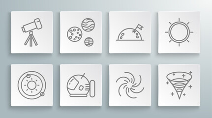 Set line Solar system, Planet, Astronaut helmet, Black hole, with flag, Sun and Telescope icon. Vector © Oksana