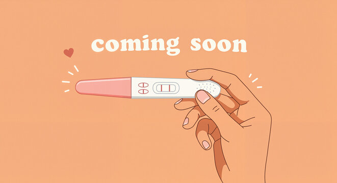 Hand holding pregnancy test with positive result and orange background  