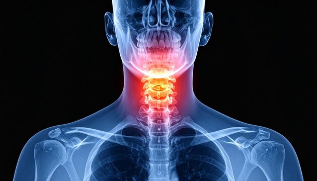 X-ray of upper torso highlighting cervical spine in red, showing vertebrae, shoulders, clavicles, ribs, medical focus on neck region, visual representation of pain or injury emphasis.
