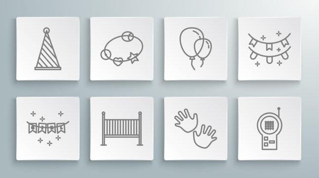 Set line Carnival garland with flags, Rattle baby toy, Baby crib cradle bed, hands print, Monitor Walkie Talkie, Balloons ribbon, and Party hat icon. Vector