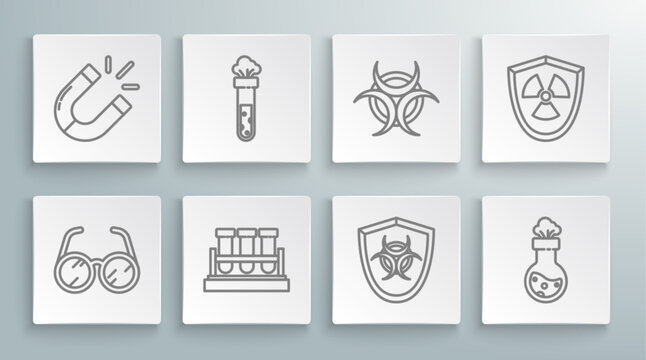 Set line Laboratory glasses, Test tube and flask chemical, Biohazard symbol on shield, Radioactive in and Magnet icon. Vector