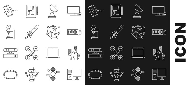 Set line Computer monitor, network, Keyboard and mouse, Radar, Rocket ship with fire, Microscope, Wireless charger and Neural icon. Vector