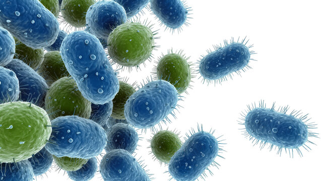Blue and green rod-shaped and spherical bacteria, isolated on transparent background
