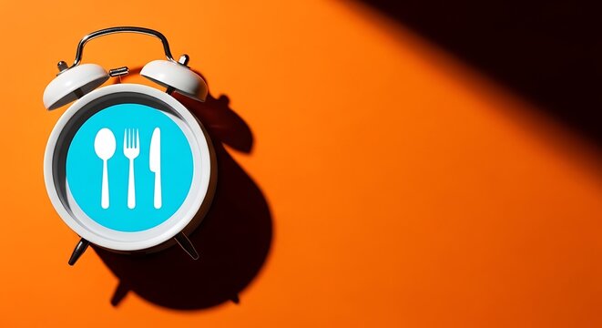 Intermittent fasting concept with alarm clock and cutlery icons, meal timing and weight loss schedule, orange background with copy space
