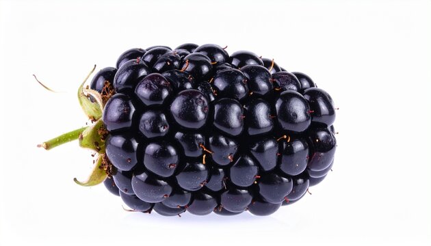 Single blackberry with glossy dark purple-black drupelets, light reflecting surface, greenish stem mark visible, isolated on plain white background, detailed texture and natural freshness.