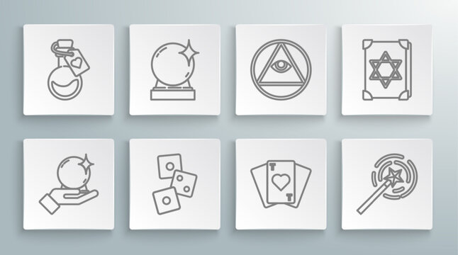 Set line Magic ball on hand, Game dice, Playing cards, wand, Masons, Ancient magic book and Bottle with love potion icon. Vector