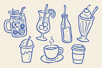 Naklejka premium Drinks Coffee Cocktail Naive Blue Ink Sketch Set Vector