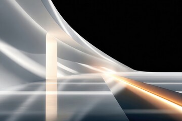 Fototapeta premium Futuristic minimal architecture with dramatic light beam and glossy reflective floor in abstract space